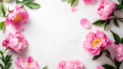 Poster - Delicate pink peonies arranged on a light background with empty space for your text flat lay design concept