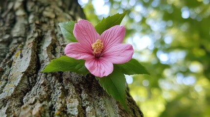 Poster - Delicate pink flower blooming on a tree trunk surrounded by lush green leaves and soft natural light