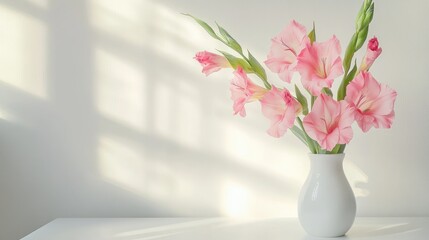 Poster - Pink gladiolus flowers elegantly arranged in a white vase on a minimalist table with subtle light reflections and soft shadows.