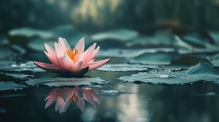 Poster - Serene pink lily blossom reflecting on tranquil water surrounded by lush green leaves in a peaceful garden setting.