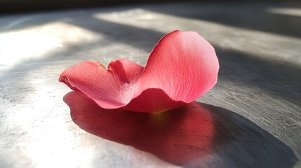 Poster - Close-up of a delicate pink rose petal resting on metallic surface illuminated by soft sunlight showcasing texture and natural beauty