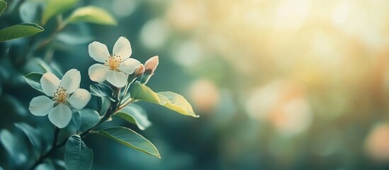 Poster - Delicate White Peach Blossom Flowers with Lush Green Leaves in Soft Blurred Garden Background Bathed in Warm Spring Light Ideal for Greeting Card Design.