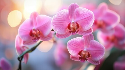 Poster - Close-up of vibrant pink phalaenopsis orchid blossoms showcasing intricate petal details against a soft bokeh background.