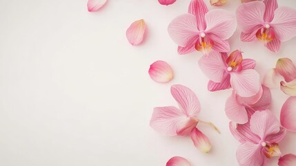 Poster - Pink orchid flowers with petals scattered on a white background showcasing elegance and natural beauty for floral design or decoration use