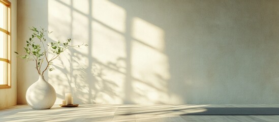 Poster - Tranquil yoga space at home featuring soft natural light shadows on earthy toned walls and serene decor with blank area for text placement