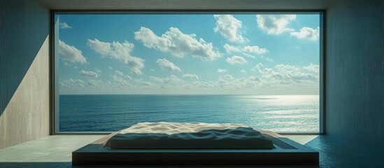 Poster - Minimalist bedroom interior with ocean view and serene blue sky featuring stylish bed and panoramic window creating a tranquil atmosphere