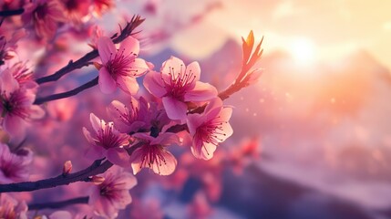 Poster - Blossoming pink flowers illuminated by sunlight in a serene natural setting with soft focus and mountains in the background