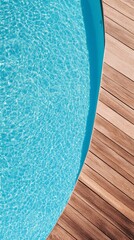 Fototapete - Refreshing turquoise water glistens in a swimming pool, inviting guests to take a dip, while the warm wooden deck provides a perfect spot for relaxation and enjoying the summer sun