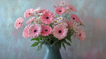 Poster - Pink gerbera daisies and white daisies arranged in a decorative vase against a textured pastel background