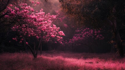 Poster - Blooming Pink Magnolias Surrounded by Soft Light in a Serene Forest Setting