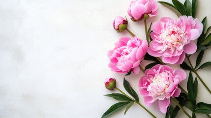 Poster - Pink peonies on light textured background with empty space for custom text perfect for floral design or invitation templates