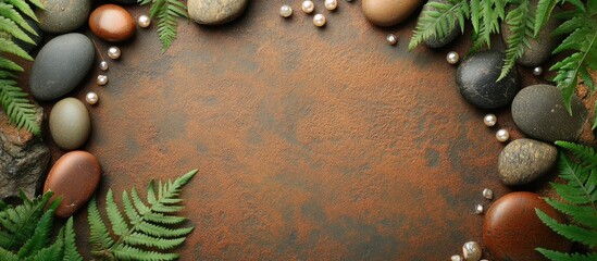 Poster - Natural arrangement of smooth pebbles and lush green fern leaves on a rich brown textured background adorned with pearls and ample empty space for text