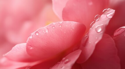 Poster - Soft pink flower petals with dew drops creating a serene macro nature background ideal for botanical and floral designs.