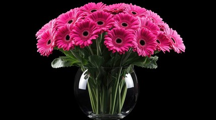 Poster - Vibrant pink gerbera daisies elegantly arranged in a clear glass vase against a striking black background