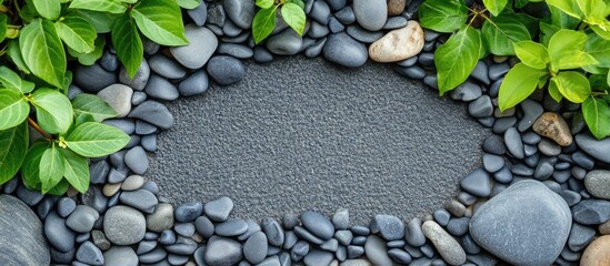 Poster - Smooth grey pebbles surrounded by vibrant green leaves in a tranquil garden setting with empty space for creative text applications