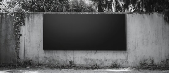 Poster - Black Horizontal Billboard on Garden Wall Surrounded by Lush Greenery and Light Grey Concrete Background Ideal for Mockup and Copy Space