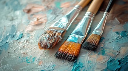 Poster - Paintbrushes arranged artistically on textured canvas showcasing vibrant paint colors and brush detail for creative inspirations