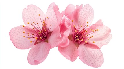 Poster - Delicate pink peach blossom flowers isolated on a white background showcasing intricate petals and vibrant yellow stamens