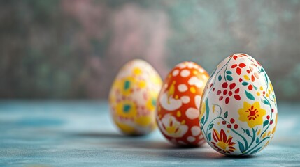 Poster - Colorful painted Easter eggs arranged artistically on a subtle textured background for festive spring celebrations and holiday decoration themes.