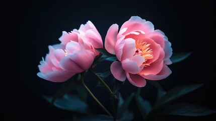 Poster - Delicate pink peonies elegantly showcased against a dark background highlighting their beauty and grace in a serene floral composition.