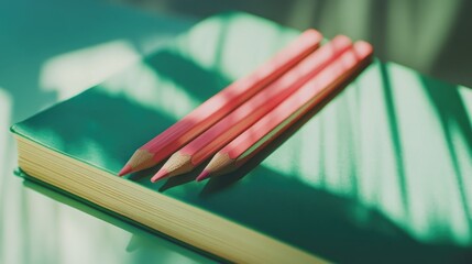 Poster - Pink pencils arranged on a green book amidst geometric shapes and dramatic shadows showcasing a modern artistic composition.