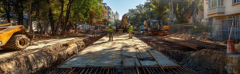 Poster - Construction Workers Operating Heavy Machinery on Urban Development Site with Fall Colors : Generative AI