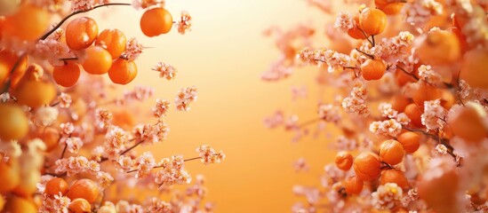 Poster - Peach and Apricot Blossom Bouquet in Soft Pink and White tones with Gentle Orange Gradient Background and Ample Copy Space for Text