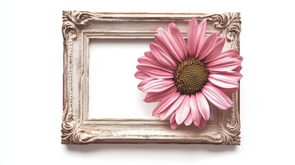 Poster - Pink flower resting against an ornate vintage picture frame on a clean white background showcasing elegance and natural beauty.
