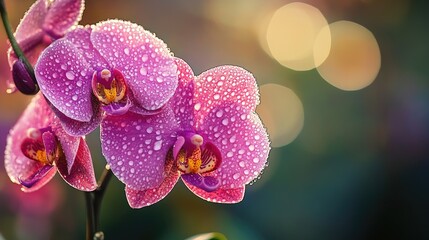 Poster - pink orchid petals glistening with water droplets in a serene garden setting during golden hour light