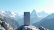 © Nima - Smartphone Back View Mockup, Gray smartphone in mountains photorealistic.
