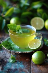 Wall Mural - Refreshing Mint Lime Tea in Glass Cup with Fresh Green Garnish on Rustic Wooden Table