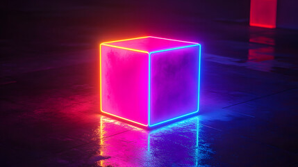 Poster - Neon-lit cube in dark room with reflective surface and vivid colors
