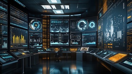Poster - High Tech Cyber Control Room with Interactive Digital Screens and Data Analysis Tools : Generative AI
