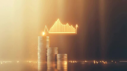 Poster - Stacks of coins with an upward arrow chart symbolizing positive investment growth and financial success, reflecting a profitable venture in a warm, golden light