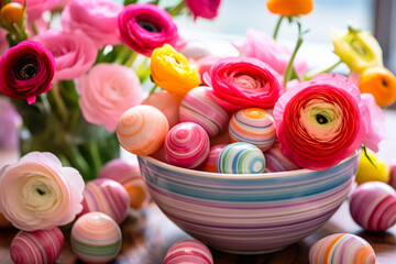 Wall Mural - Colorful ranunculus flowers and striped eggs create a vibrant spring tabletop arrangement celebrating seasonal beauty and joy