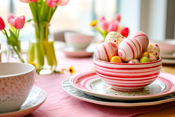 Poster - Colorful Easter eggs arranged in a bowl on a festive dining table with flowers and place settings during springtime celebration