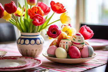 Aufkleber - Colorful Easter decorations with painted eggs and vibrant flowers on a dining table during spring celebration