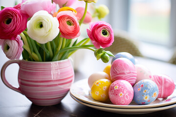 Aufkleber - Colorful easter eggs with vibrant flowers in a cozy indoor setting during springtime celebration