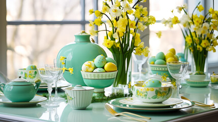 Poster - Festive spring table setting with pastel decorations and flowers for a joyful gathering
