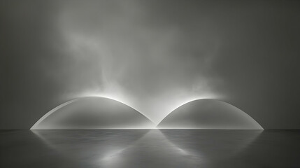 Wall Mural - Thin mist forming subtle arcs against a muted steel gray backdrop, illuminated for clear visibility