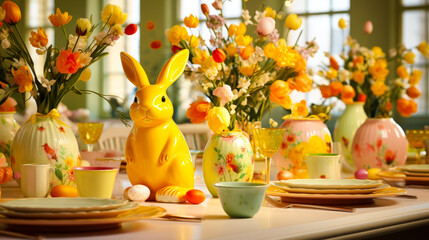 Poster - Colorful Easter table setting with flowers and decorations in a festive spring atmosphere
