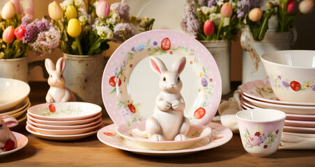 Poster - Cute table setting with rabbit figurines and flower-adorned dishes during springtime celebration at a cozy home
