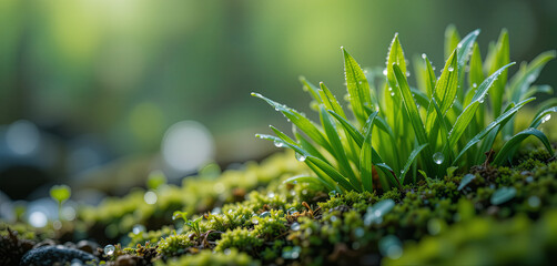 Poster - Lush green grass sprouts from a vibrant moss bed in a tranquil forest setting. Morning dew glistens on leaves, creating a serene atmosphere with soft lighting