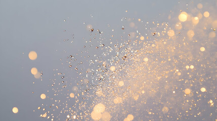 Canvas Print - water droplets spraying lightly in mid-air against a pastel gray background, illuminated to showcase