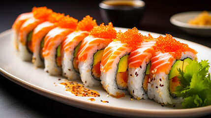 Poster - Colorful sushi platter featuring salmon, avocado, and fish roe served with soy sauce