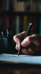 Poster - Close up of a businessmans hand holding a fountain pen while signing an important document in a dimly lit office with a bookshelf, symbolizing financial agreements