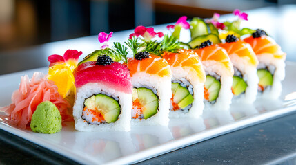 Poster - Fresh sushi rolls with colorful toppings and garnishes in a stylish restaurant setting