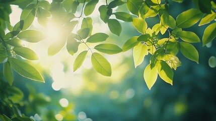 Wall Mural - Illuminated Green Leaves with Soft Sunlight Glow in Nature