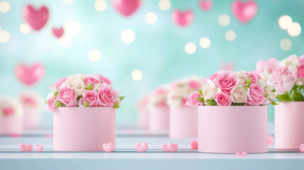 Wall Mural - Romantic floral arrangement of pink roses in decorative boxes with heart-shaped accents and soft background lights