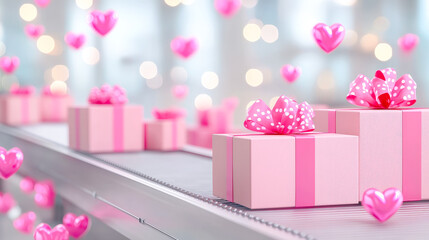 Poster - Beautiful pink gift boxes with bows on a conveyor belt surrounded by floating hearts in a festive setting